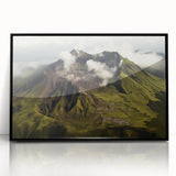 Framed acrylic wall art featuring a vibrant volcano landscape design, showcasing bold colors and intricate details, perfect for adding a dramatic touch to home decor.