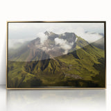 Framed wall art depicting a vivid volcano landscape design, featuring rich colors and gold accents, ideal for home decor enthusiasts seeking nature-inspired decor.