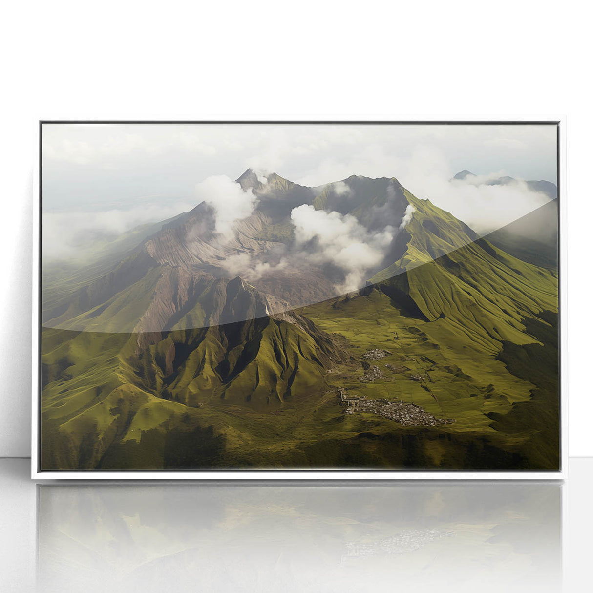 Framed wall art display featuring a vibrant volcanic landscape design, showcasing bold colors and intricate details. Perfect for home decor and nature enthusiasts.
