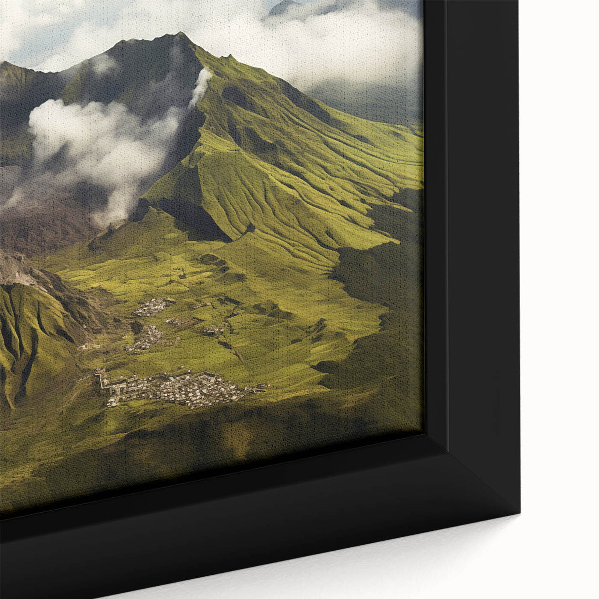 Framed canvas wall art depicting a vibrant volcano landscape, showcasing rich colors and dynamic textures, perfect for adding a dramatic touch to home decor.