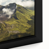 Framed canvas wall art depicting a vibrant volcano landscape, showcasing rich colors and dynamic textures, perfect for adding a dramatic touch to home decor.