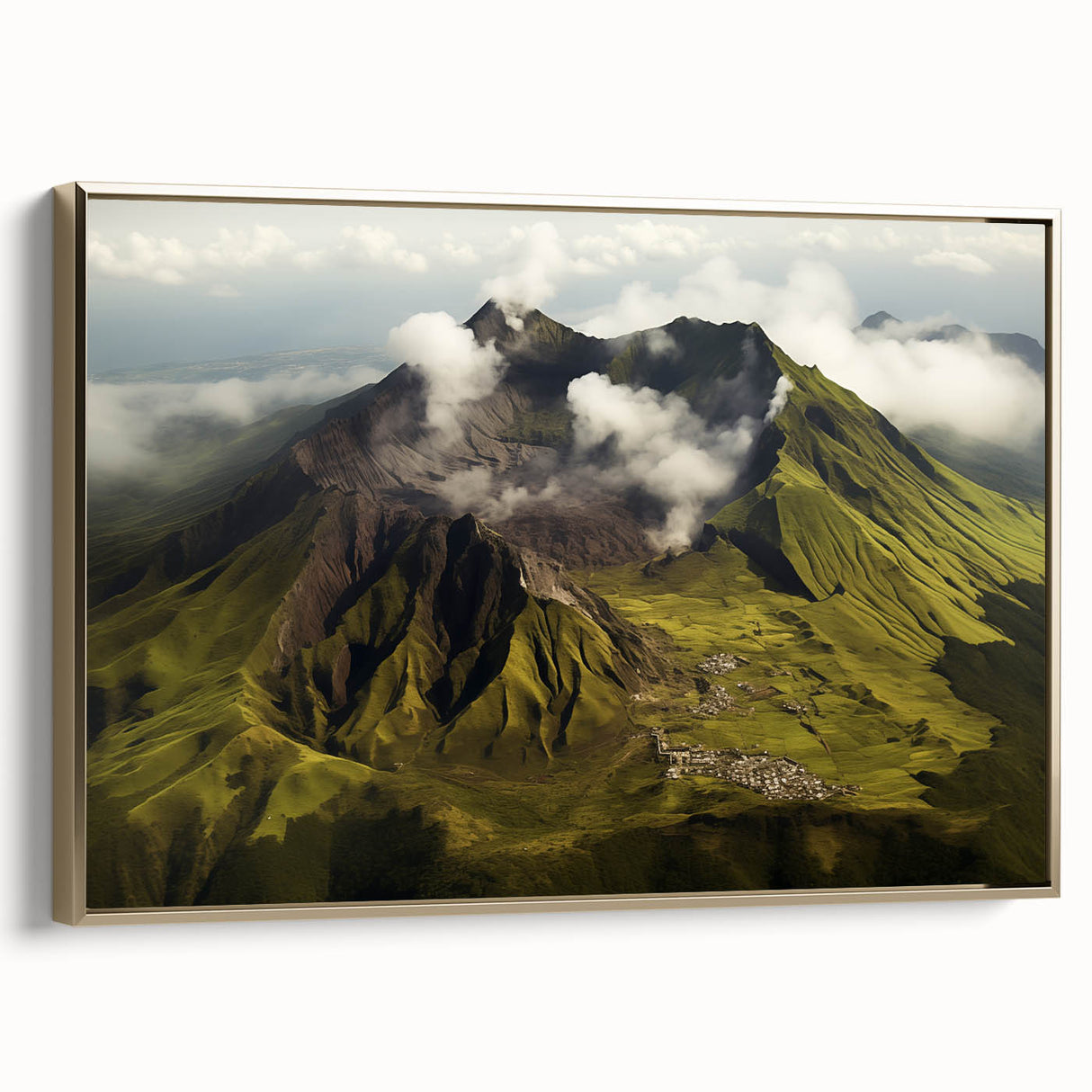 Framed canvas wall art depicting a vibrant volcano landscape in gold and earthy tones, showcasing intricate details and textures, ideal for contemporary decor.