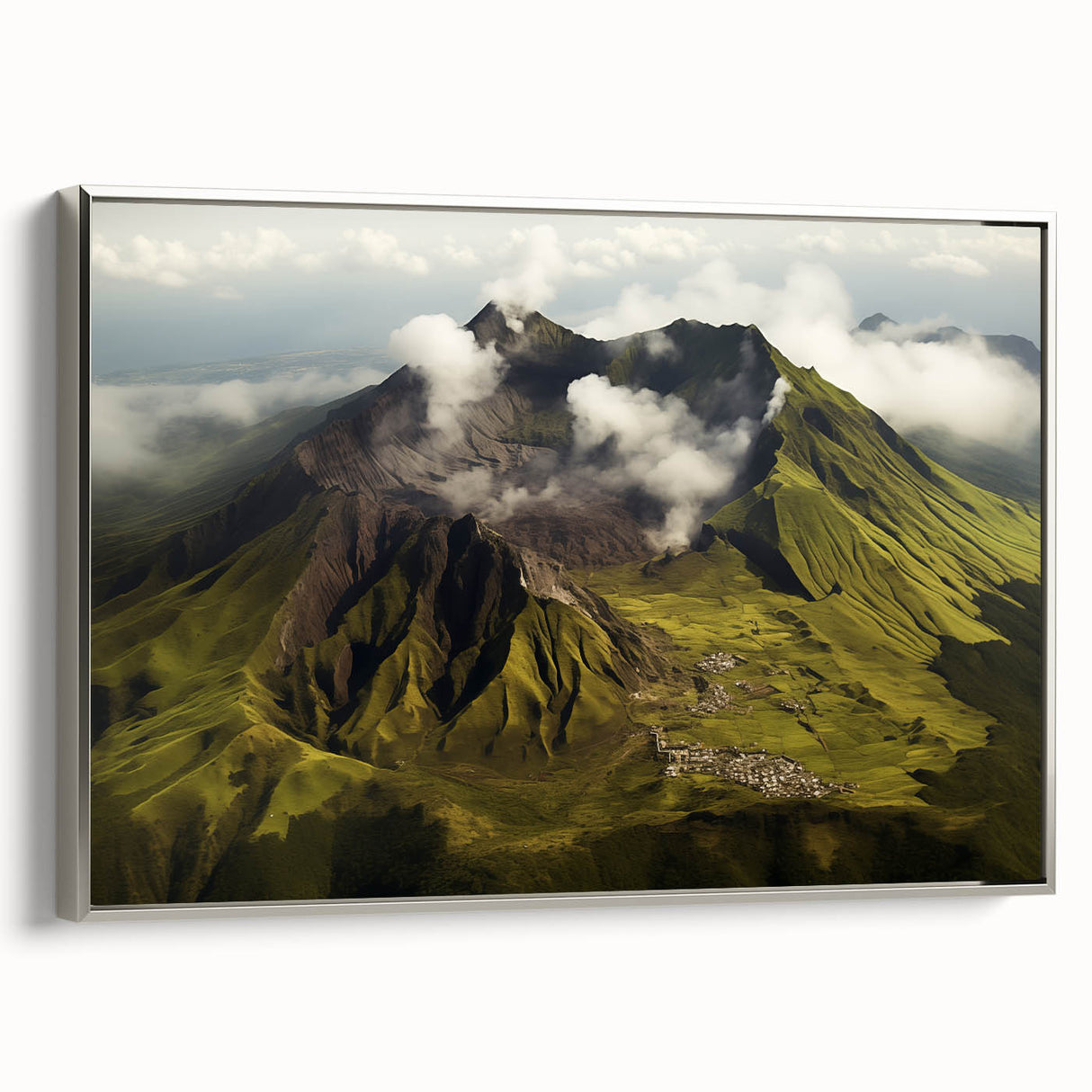 Framed canvas wall art showcasing a vibrant volcano landscape design, featuring a silver frame and a side view perspective, perfect for modern interior decor.