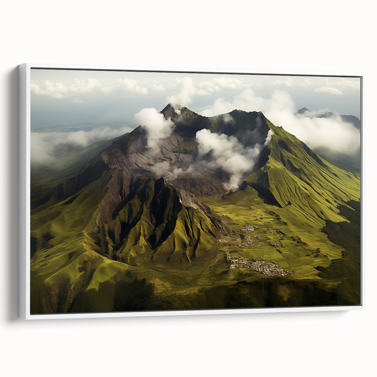 Framed canvas wall art depicting a vibrant volcano landscape in bold colors, showcasing unique textures and depth, ideal for modern home decor accents.