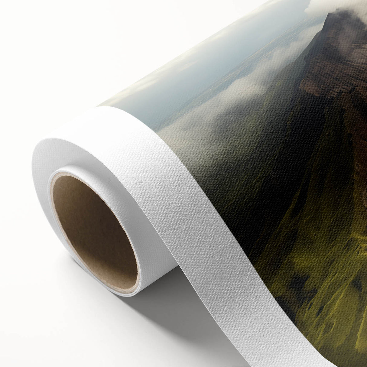 Vibrant rolled canvas showcasing a striking volcano landscape design, featuring rich colors and intricate details, perfect for home decor or art collectors.