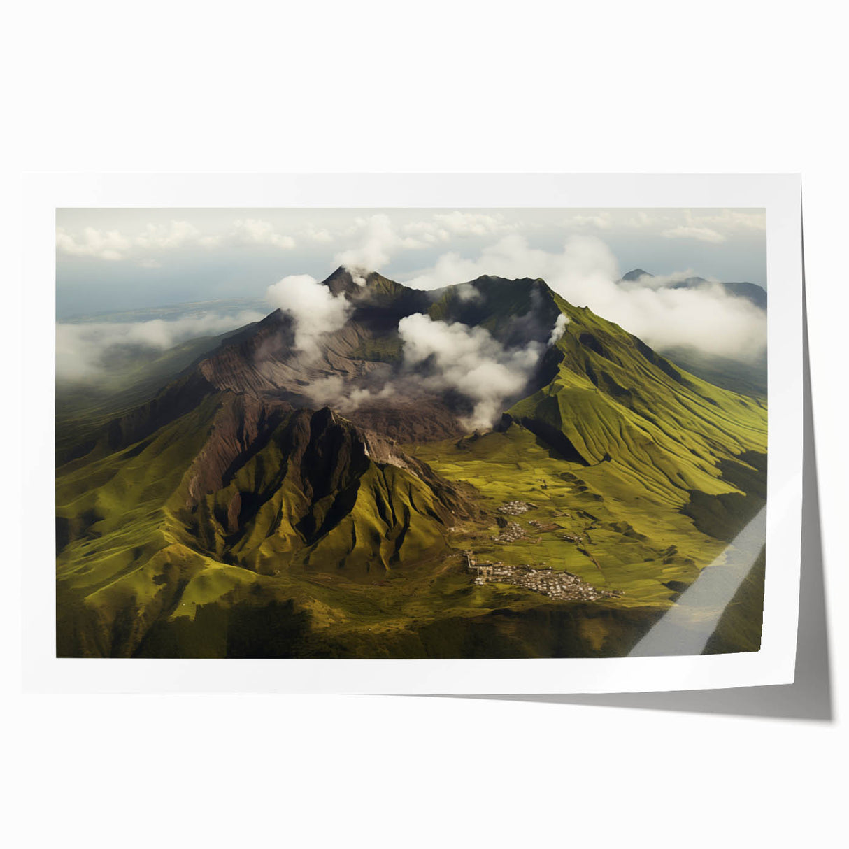 Vibrant rolled wall art print showcasing a stunning landscape of a volcano at sunset, featuring rich colors of orange, purple, and blue, ideal for home decor.