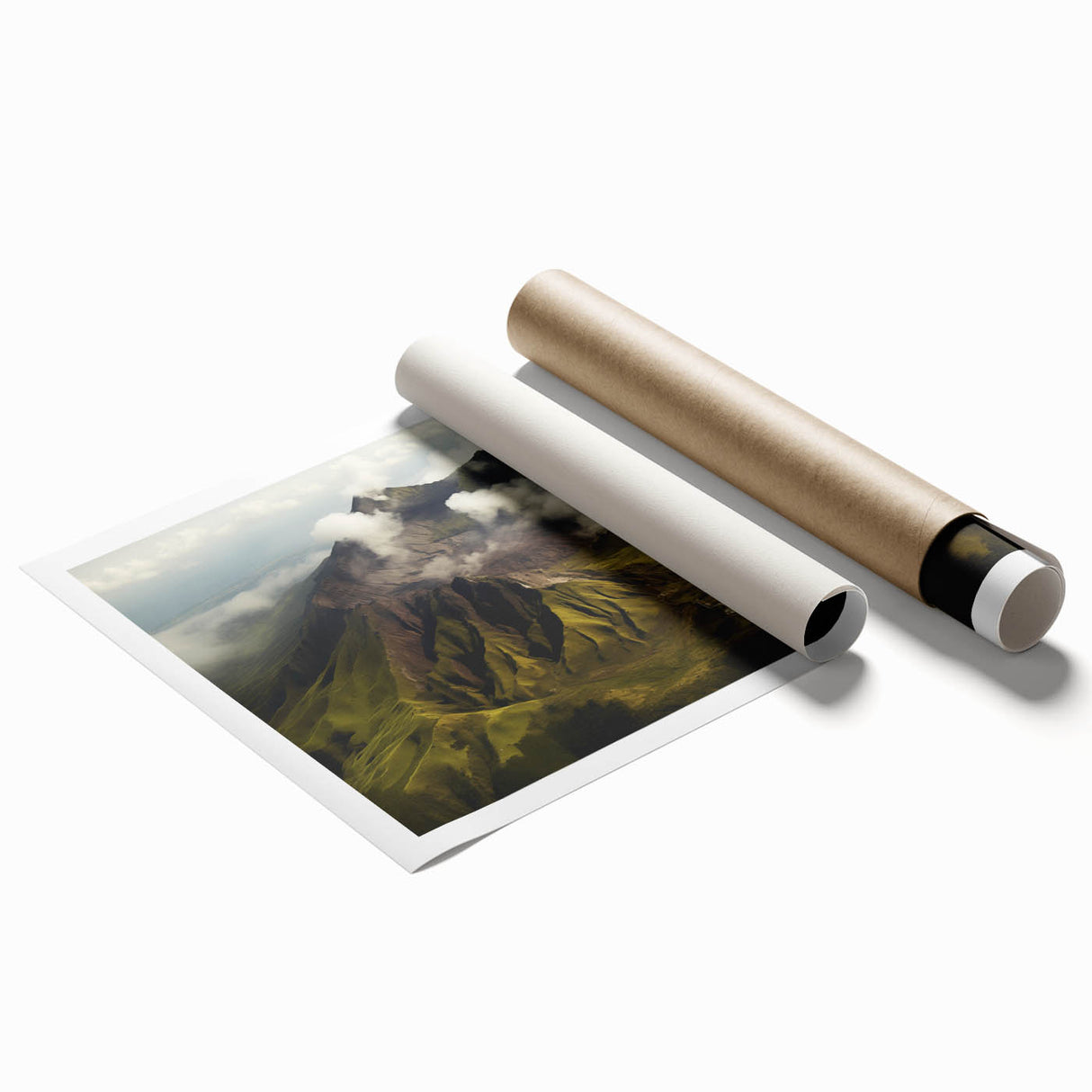 Vibrant rolled print of a stunning volcano landscape art collection, showcasing bold colors and intricate details, ideal for modern home decor and art enthusiasts.