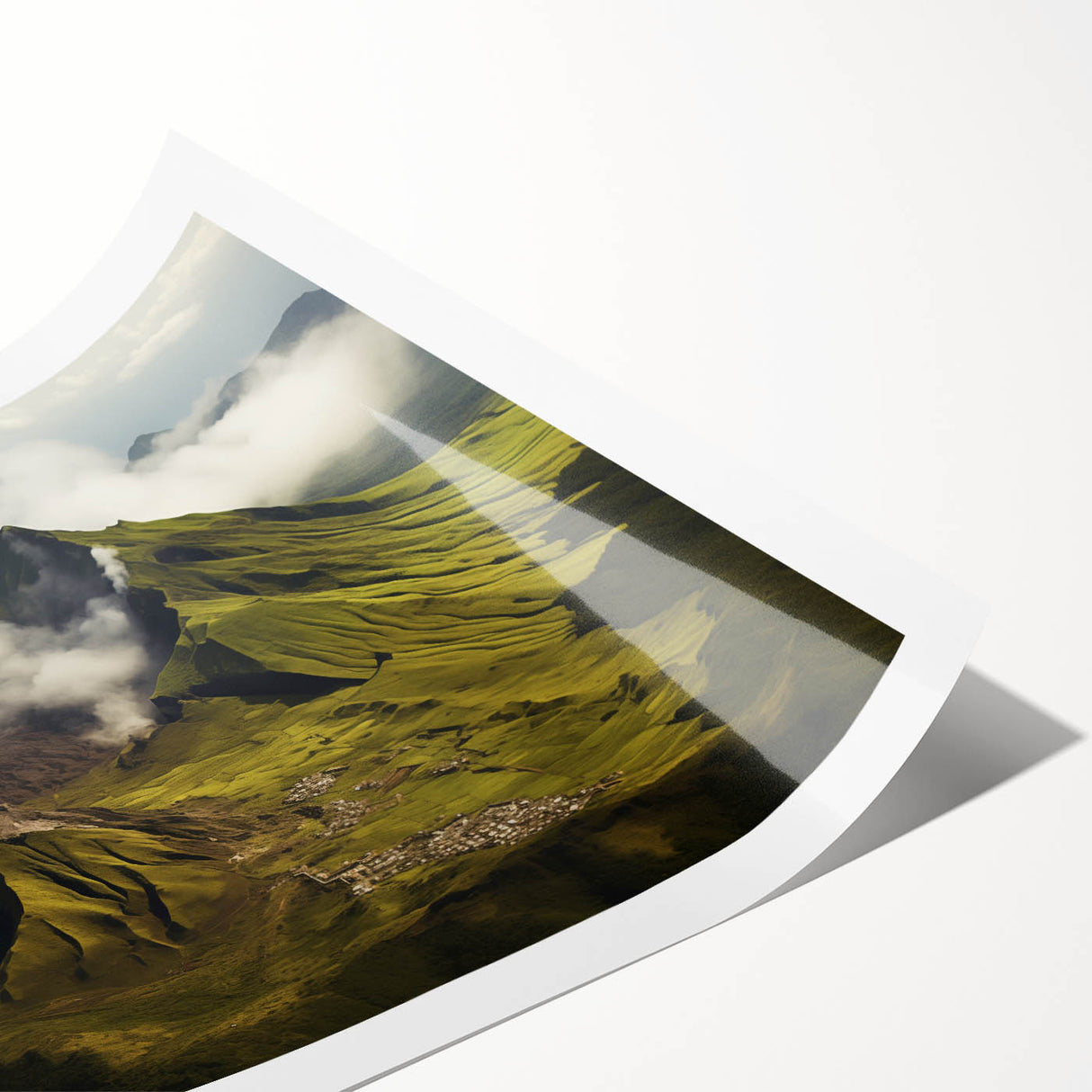 Lush landscape wall art print showcasing a vibrant volcano scene with dramatic colors, rolled and ready for framing, ideal for home decor enthusiasts.