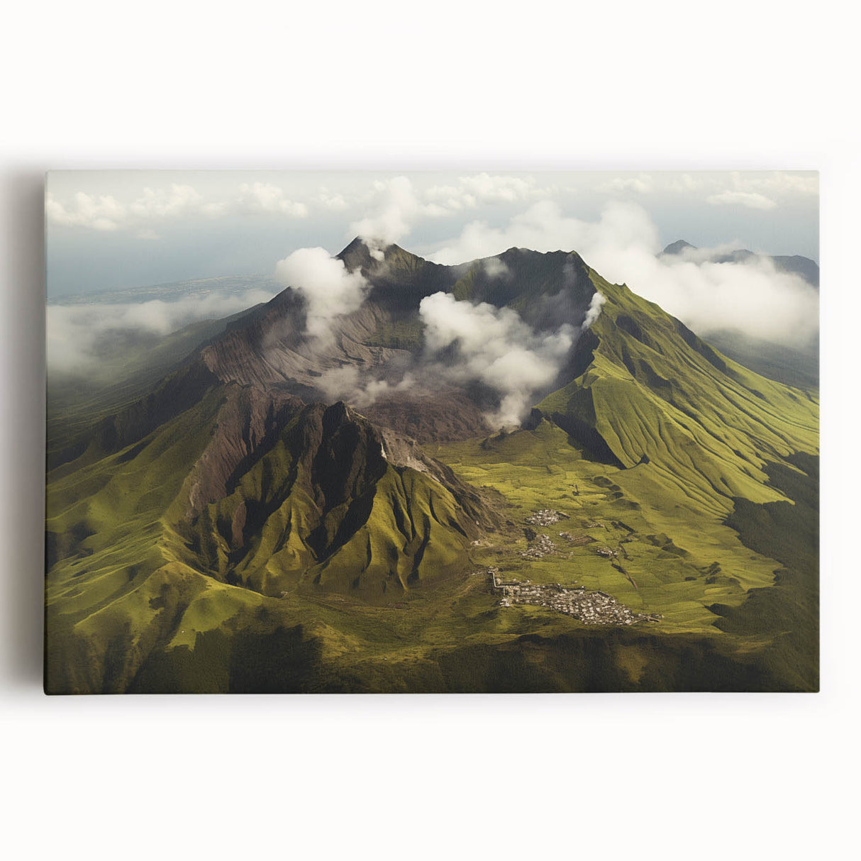 Vibrant stretched canvas wall art showcasing an abstract volcano landscape in bold colors, perfect for modern home decor, enhancing any living space with its dynamic design.