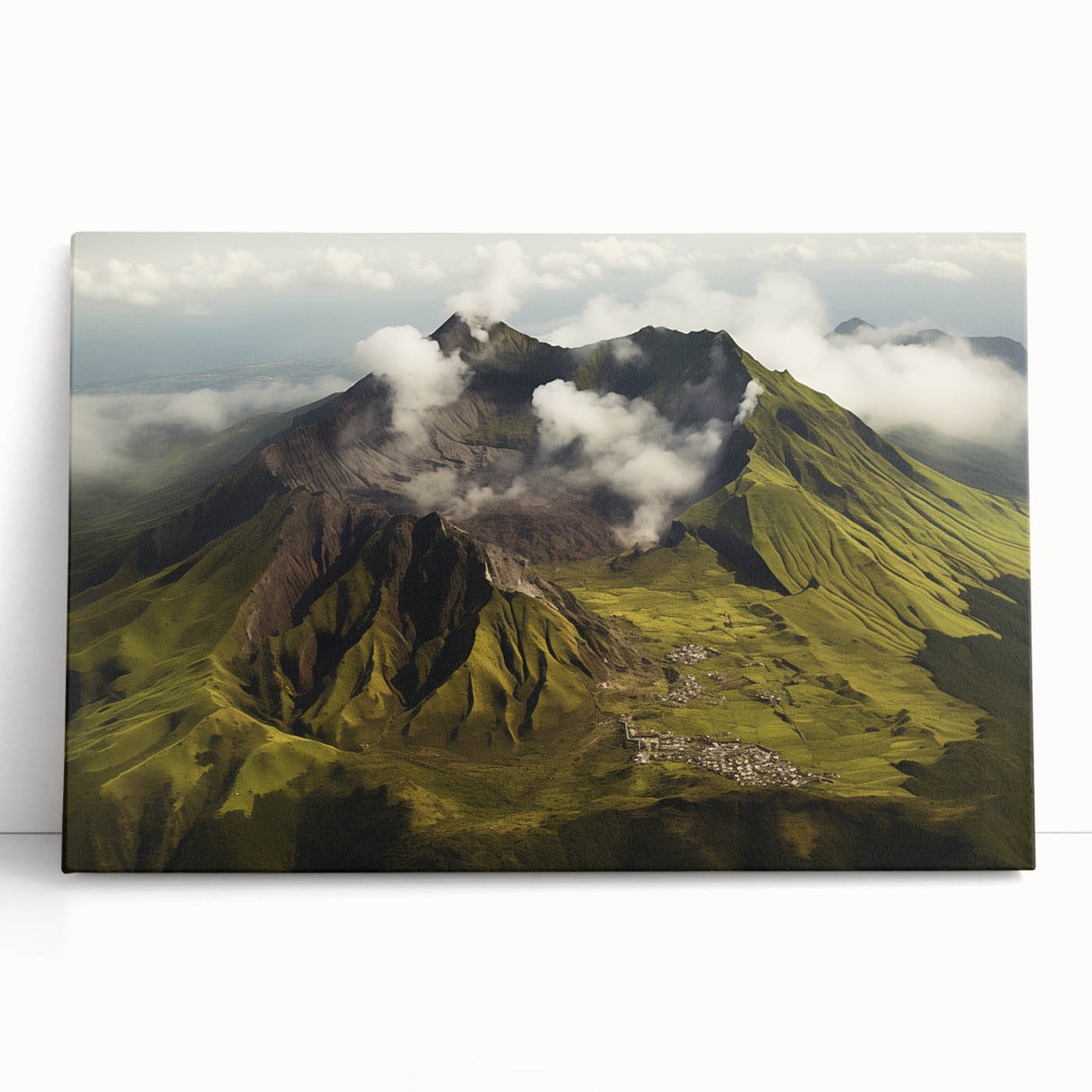 Stretched canvas wall art showcasing a vibrant volcano landscape design, featuring rich colors and dramatic textures, perfect for modern home decor.