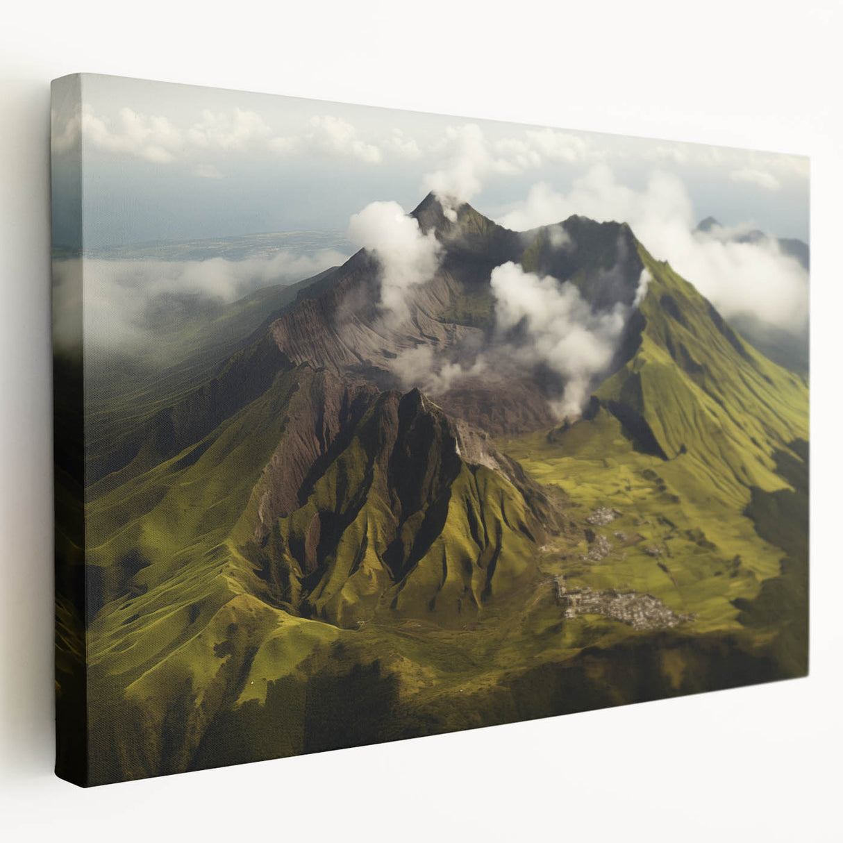 Stretched canvas wall art featuring a vibrant volcano landscape design in rich oranges and blues, perfect for enhancing modern home decor with a striking natural scene.