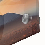 Close-up of a stunning acrylic glass wall art piece showcasing a vibrant volcano landscape design, featuring bold colors and intricate details, ideal for modern home decor.