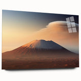 Acrylic wall art showcasing a vibrant volcanic landscape design, featuring bold colors and intricate details, displayed from a side view without pins for a sleek finish.