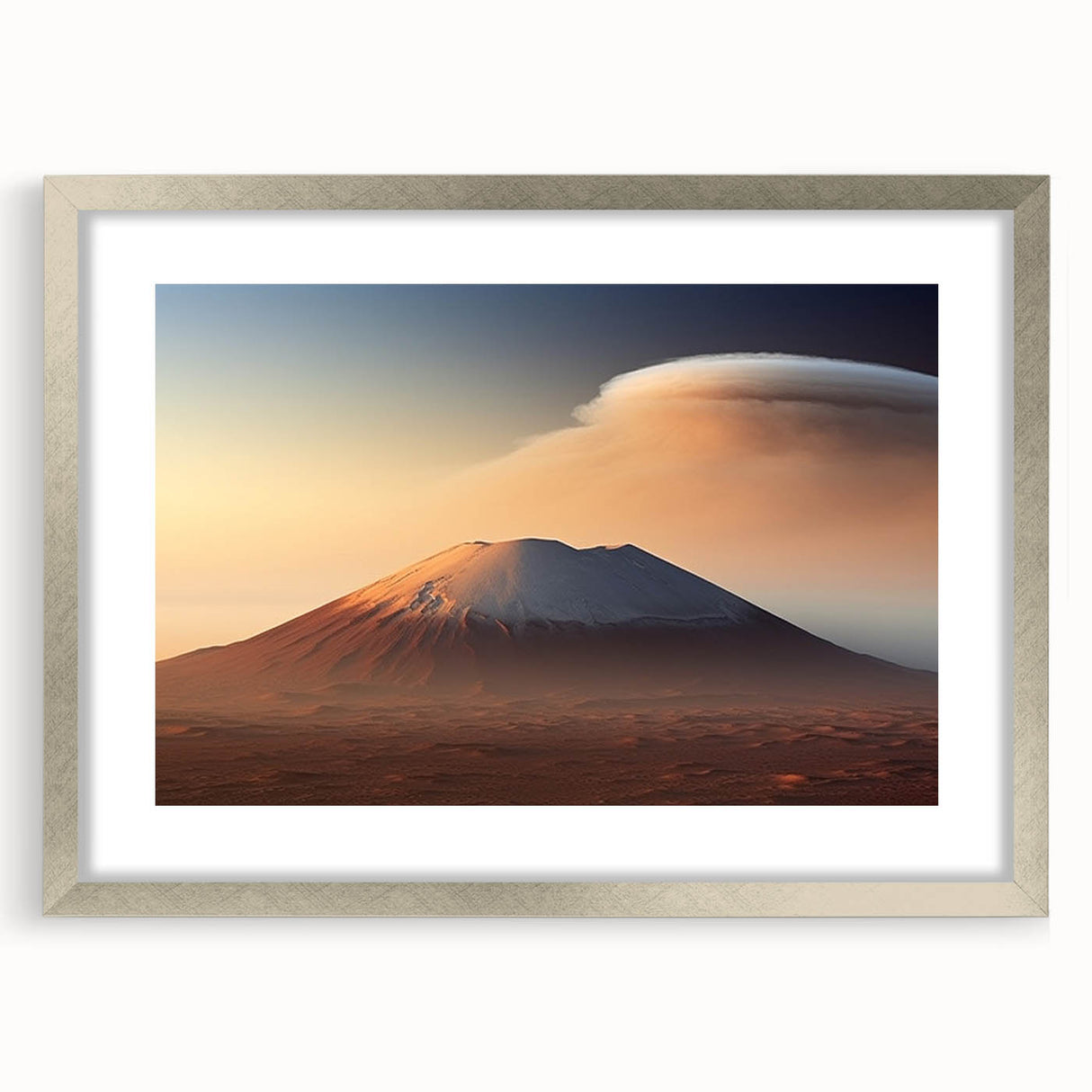 Framed silver wall art featuring a stunning volcano landscape design, showcasing vibrant colors and intricate details, ideal for home decor enhancement.