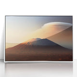 Framed acrylic wall art showcasing a vibrant volcano landscape design in a modern white frame, perfect for adding a touch of nature-inspired decor to any space.