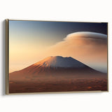 Framed canvas wall art showcasing a stunning volcano landscape design, featuring vibrant colors and intricate details, elegantly displayed with a gold frame.