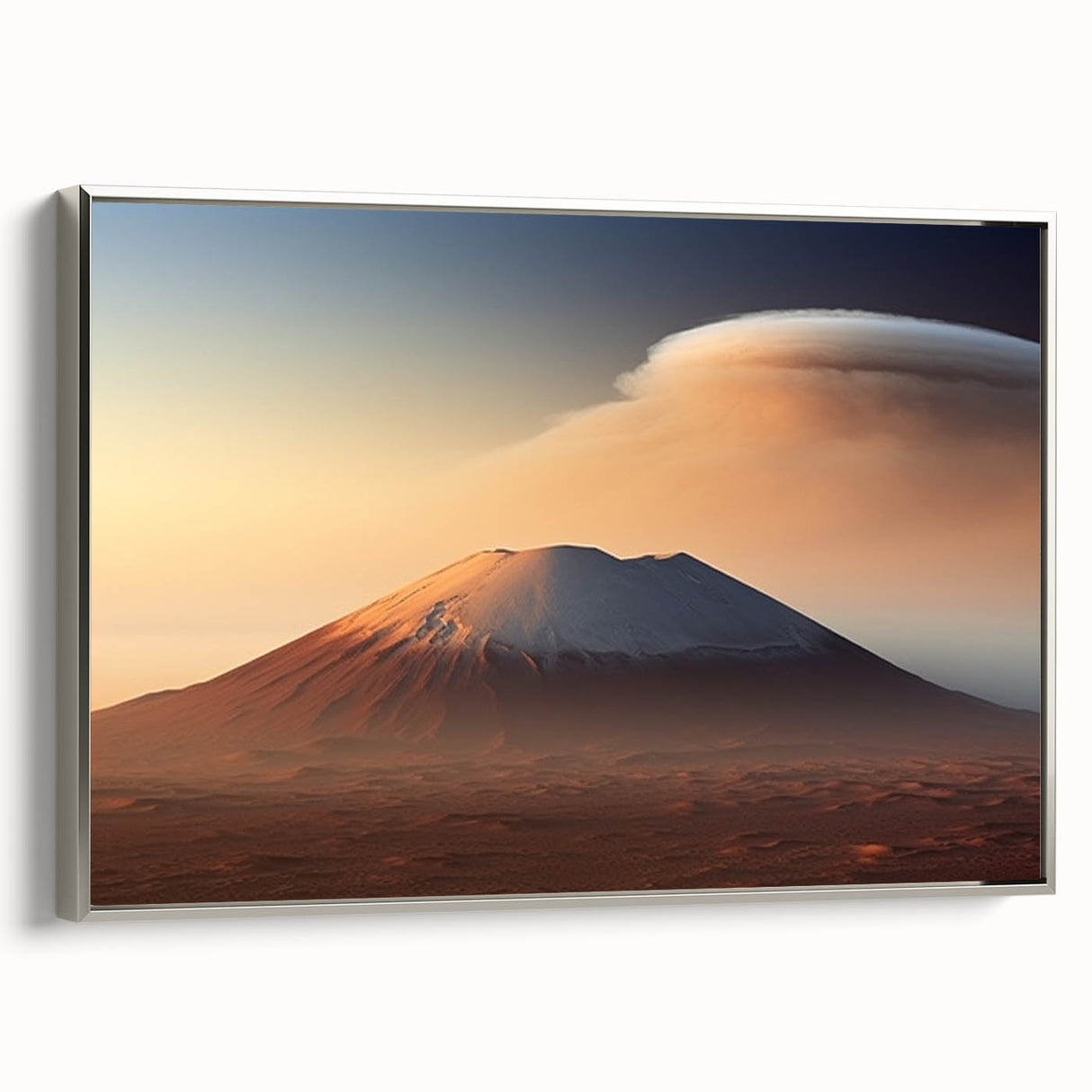 Framed canvas wall art showcasing a striking silver-framed landscape design of a volcano scene with vivid colors and intricate details, perfect for home decor.