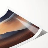 Vibrant landscape wall art print showcasing a dramatic volcano scene with bold colors and intricate details, rolled up for easy display and shipping.