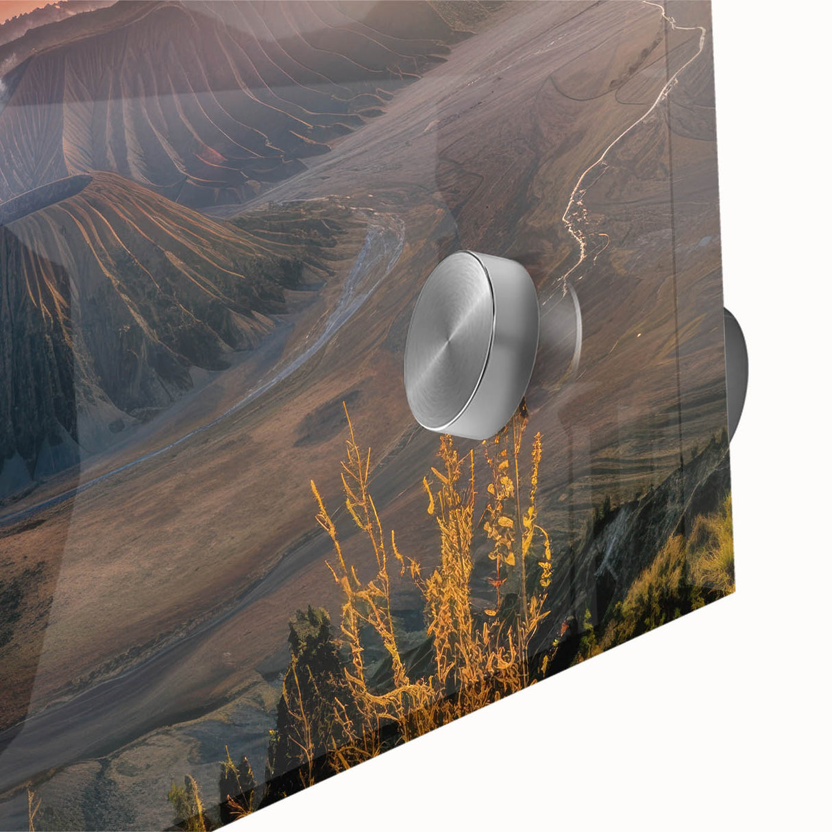 Close-up of a vibrant acrylic wall art piece showcasing a dramatic volcanic landscape with rich colors and intricate details, ideal for home decor.