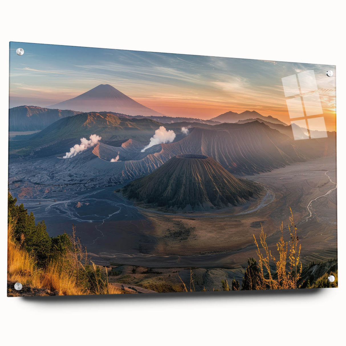 Vibrant acrylic glass wall art featuring a striking volcano landscape design, showcasing rich colors and intricate details, elegantly displayed with pins. Perfect for modern decor.