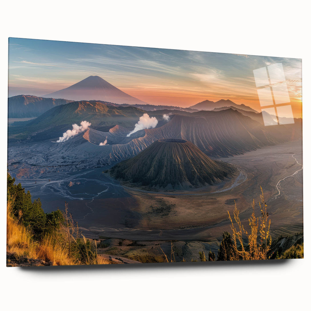 Acrylic glass wall art featuring a vibrant volcano landscape design in bold colors, displayed in a side view without pins, perfect for modern home decor.