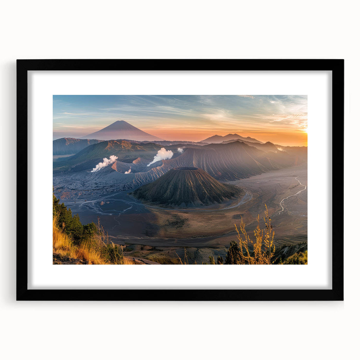 Black-framed wall art featuring a stunning landscape of a volcano, designed with vibrant colors and intricate details, perfect for home decor and artistic ambiance.