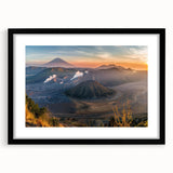 Black-framed wall art featuring a stunning landscape of a volcano, designed with vibrant colors and intricate details, perfect for home decor and artistic ambiance.