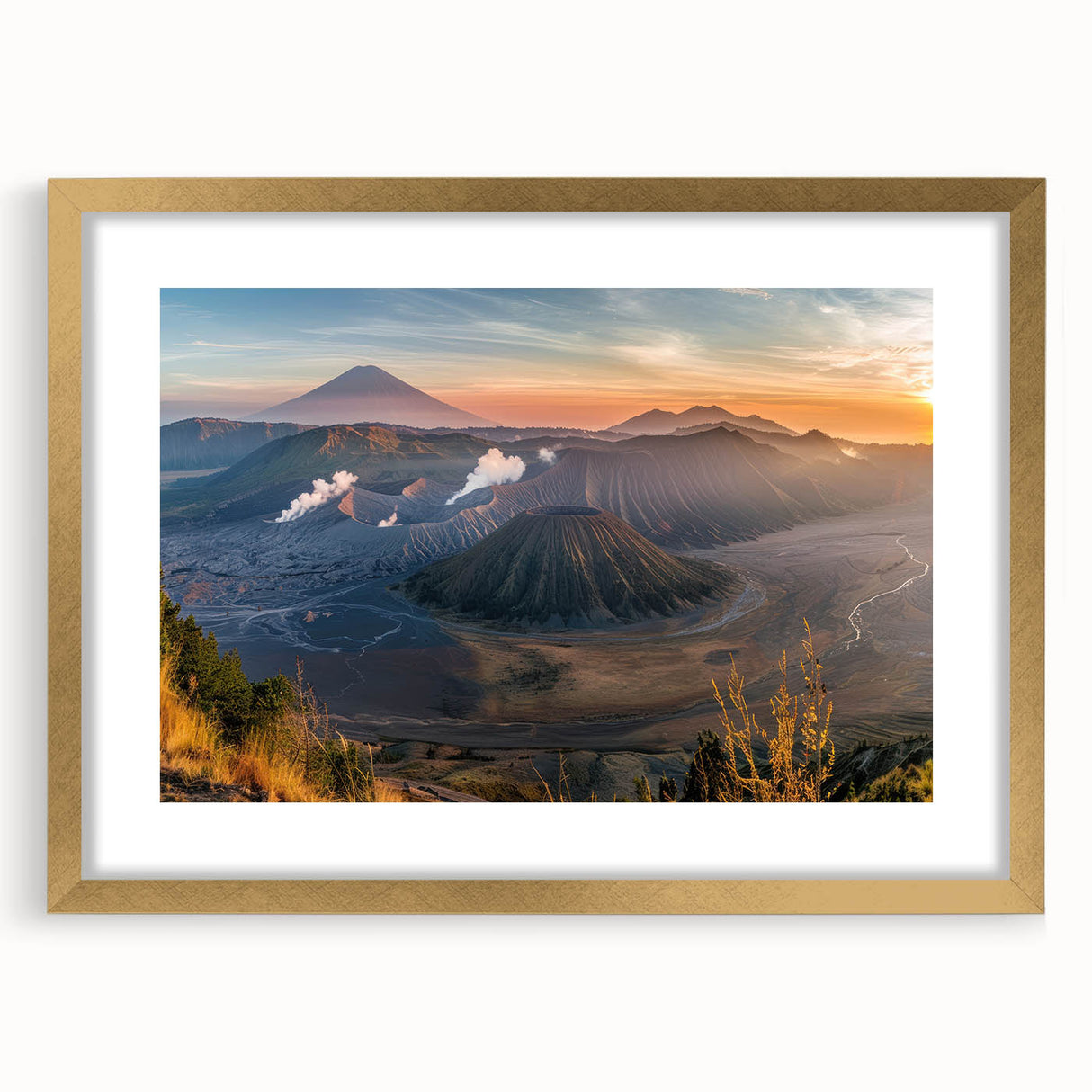 Framed wall art collection featuring a stunning volcano landscape design with a gold mat and frame, perfect for adding elegance to any room decor.