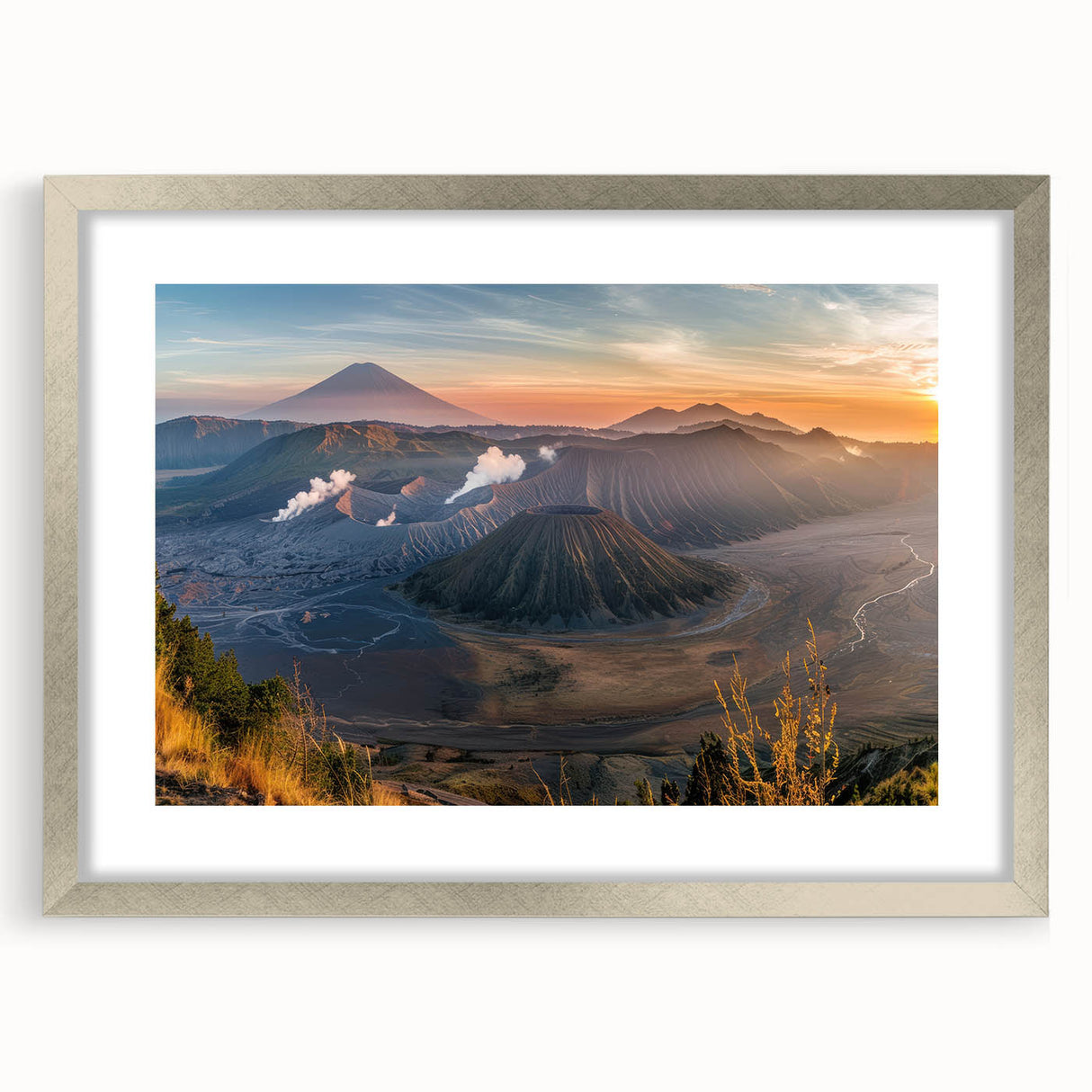 Framed silver mat wall art showcasing a vibrant volcano landscape design, perfect for home decor. Ideal for nature enthusiasts and modern interiors.