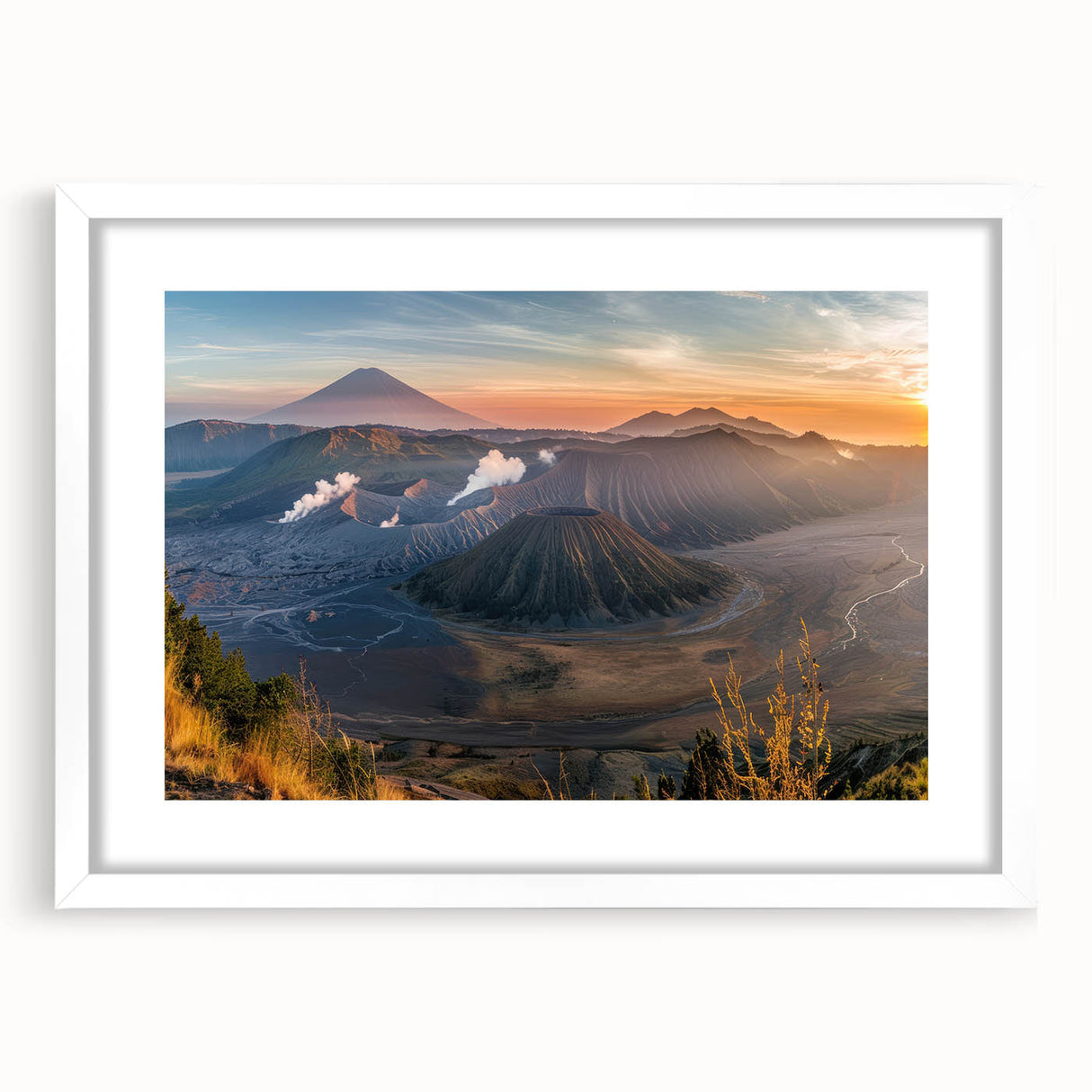 Framed landscape wall art showcasing a vibrant volcano design, featuring a white mat and sleek black frame, perfect for modern home decor. Ideal for art enthusiasts.