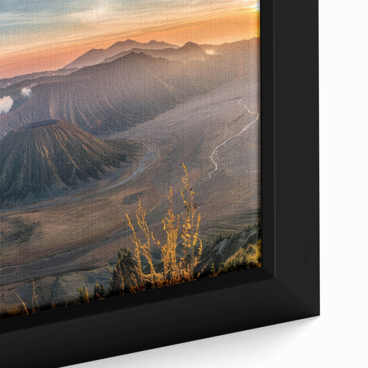 Framed canvas wall art showcasing a vibrant landscape of a volcano with rich colors and intricate details, perfect for enhancing modern home decor.