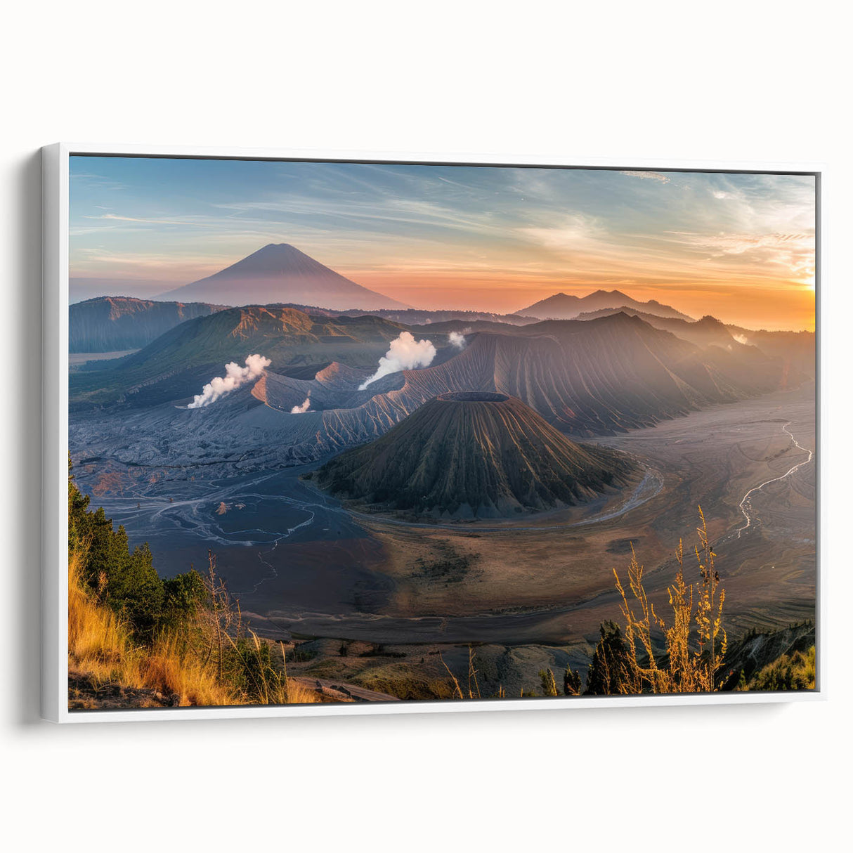 Framed canvas wall art showcasing a vibrant volcano landscape design with rich colors, perfect for home decor or office space enhancement, viewed from the side.