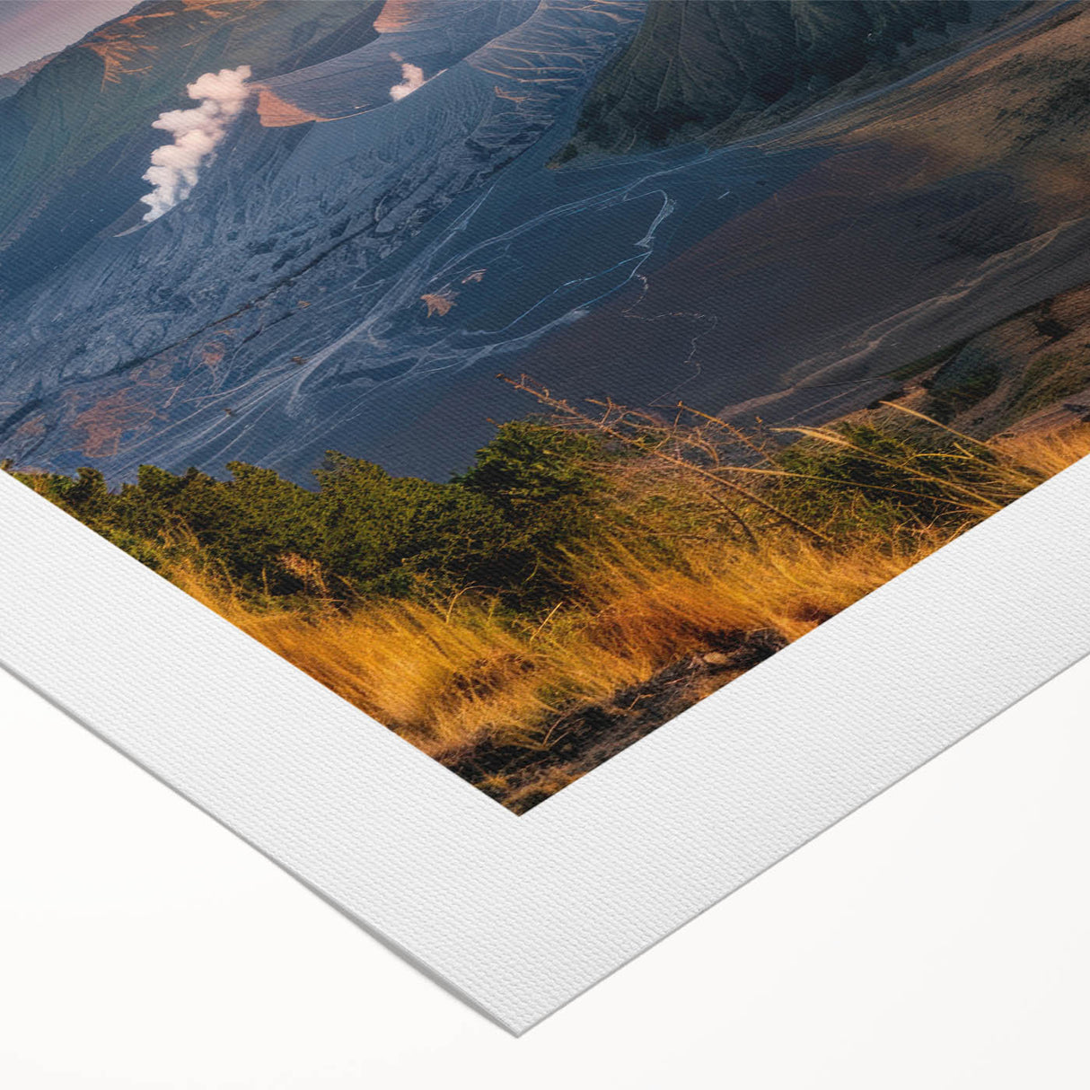 Vibrant rolled canvas artwork showcasing a stunning volcano landscape design, featuring rich colors and intricate details, ideal for home decor or office spaces.