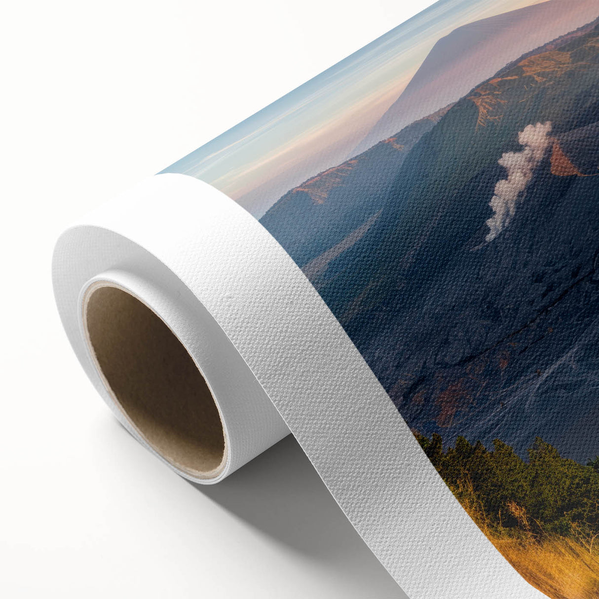 Rolled canvas showcasing a vibrant volcano landscape design with rich colors and intricate details, ideal for home decor and artistic expression.