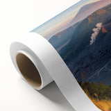 Rolled canvas showcasing a vibrant volcano landscape design with rich colors and intricate details, ideal for home decor and artistic expression.