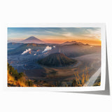 Colorful rolled print featuring a stunning volcanic landscape design, showcasing vibrant reds and oranges against a dramatic sky, perfect for home decor enhancement.