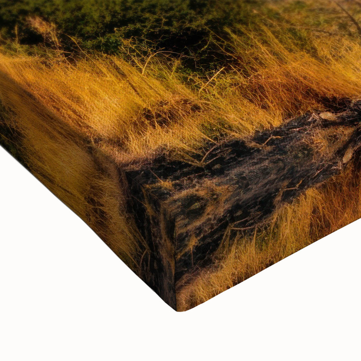 Close-up of a vibrant stretched canvas wall art piece depicting a dramatic volcano landscape design, showcasing rich colors and intricate details, ideal for home decor.