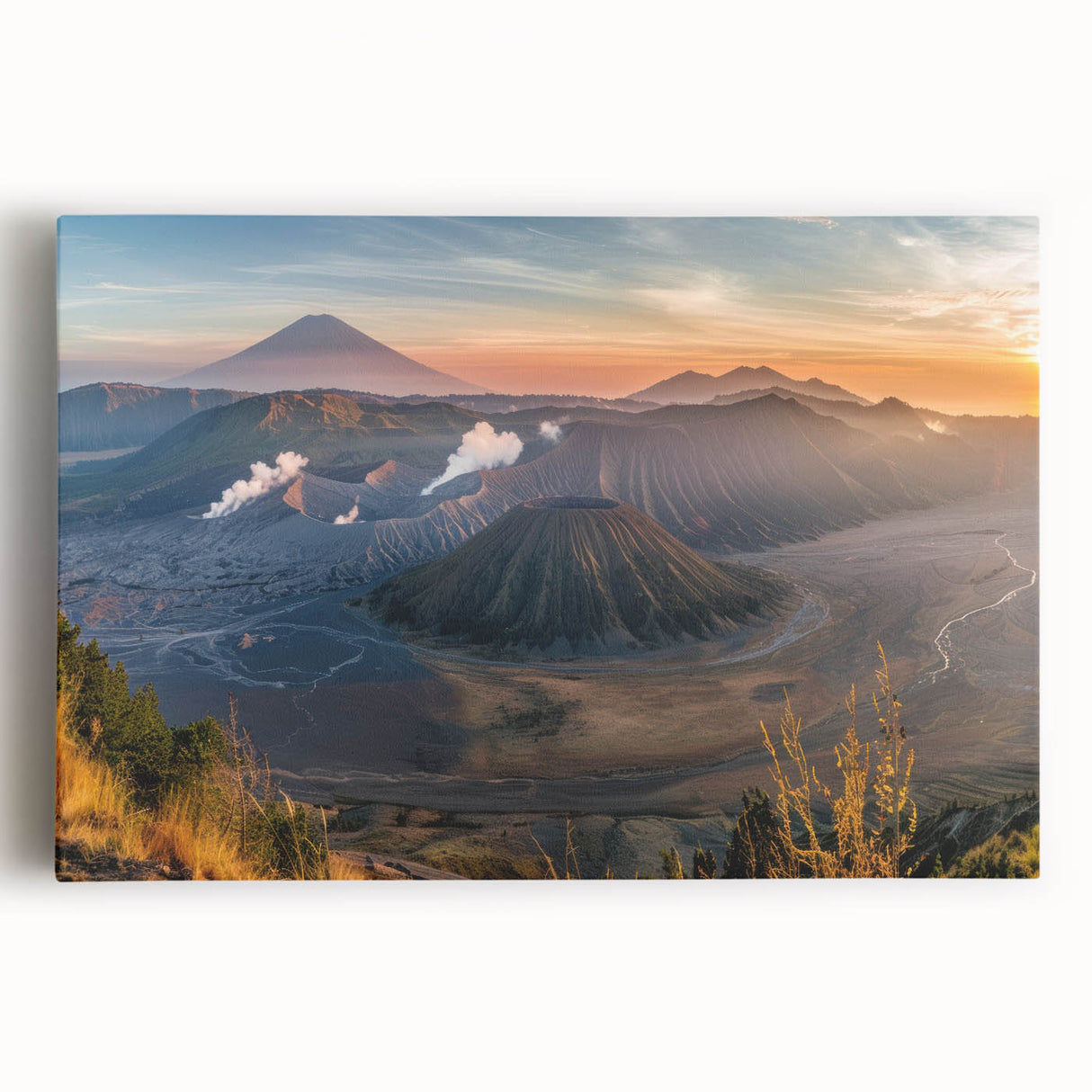 Stretched canvas artwork showcasing a vibrant volcano landscape design with rich colors of red, orange, and black, perfect for adding dramatic flair to home decor.