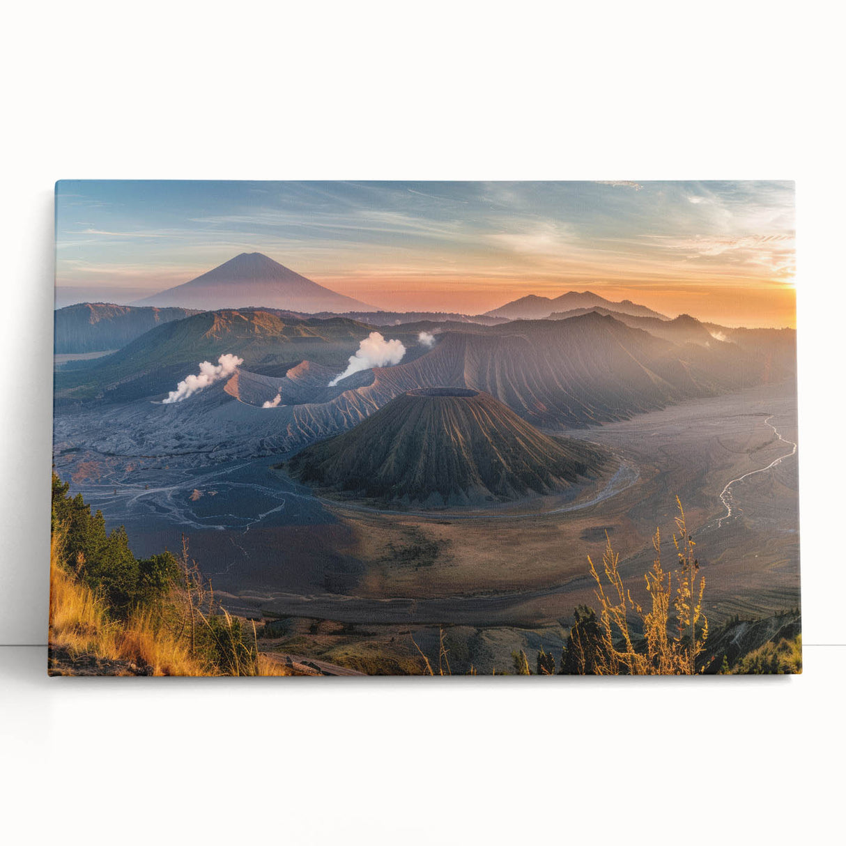 Vibrant stretched canvas wall art featuring a dramatic volcano landscape design, showcasing bold colors and dynamic textures, perfect for modern home decor.