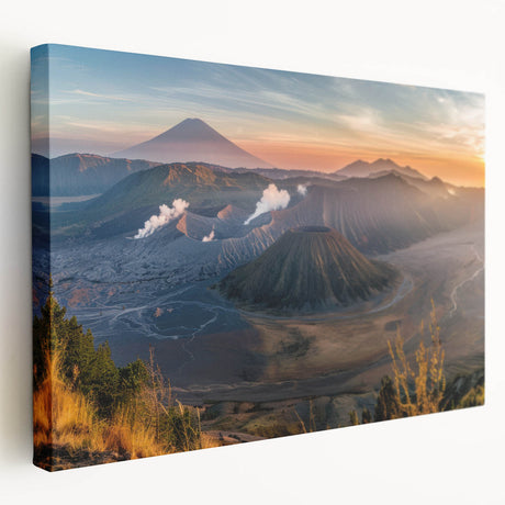 Vibrant stretched canvas wall art depicting a dramatic volcano landscape with vivid colors and dynamic textures, perfect for adding a bold statement to any room.