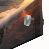 Close-up of a vibrant acrylic glass wall art piece depicting a dramatic volcano landscape, showcasing rich colors and intricate details, perfect for modern home decor.