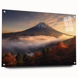 Acrylic glass wall art collection showcasing a vibrant volcano landscape design, displayed in a side view with pins, perfect for modern home decor.