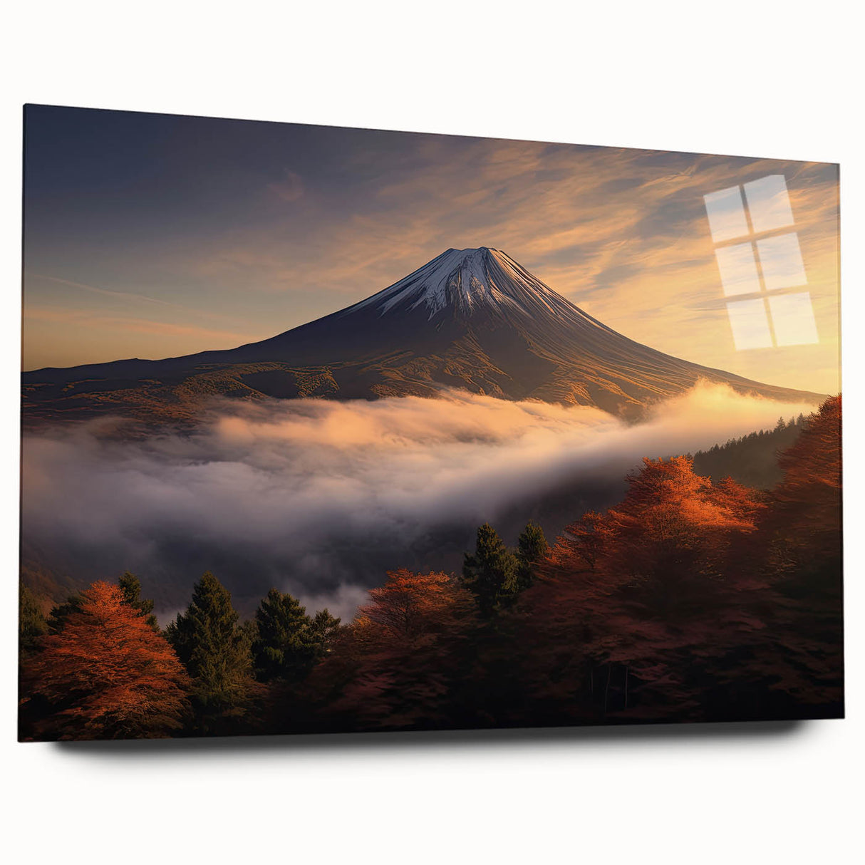Acrylic glass wall art collection featuring a stunning volcano landscape design, showcasing vibrant colors and intricate details, ideal for modern home decor.