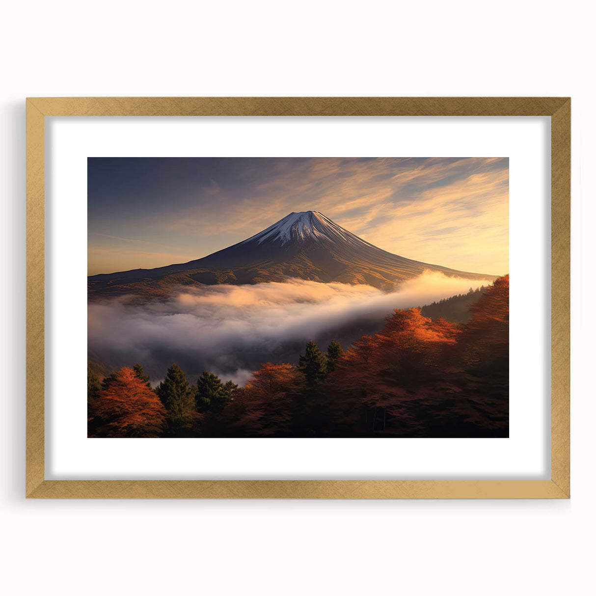 Framed wall art featuring a stunning volcanic landscape design in vibrant colors, elegantly presented with a gold frame and mat, perfect for home decor.