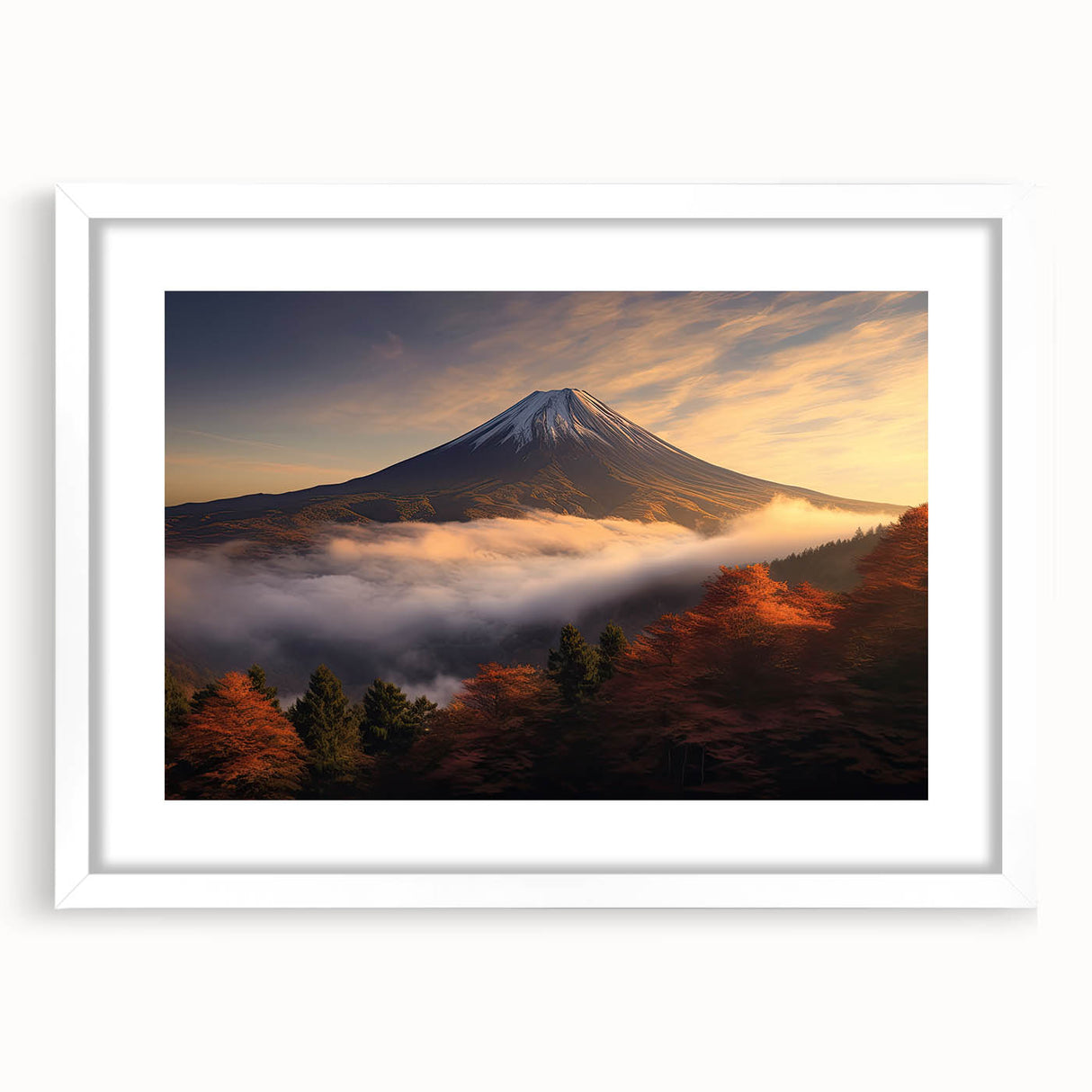 Framed landscape wall art featuring a vibrant volcano design with a white mat, ideal for home decor, showcasing bold colors and dramatic scenery.