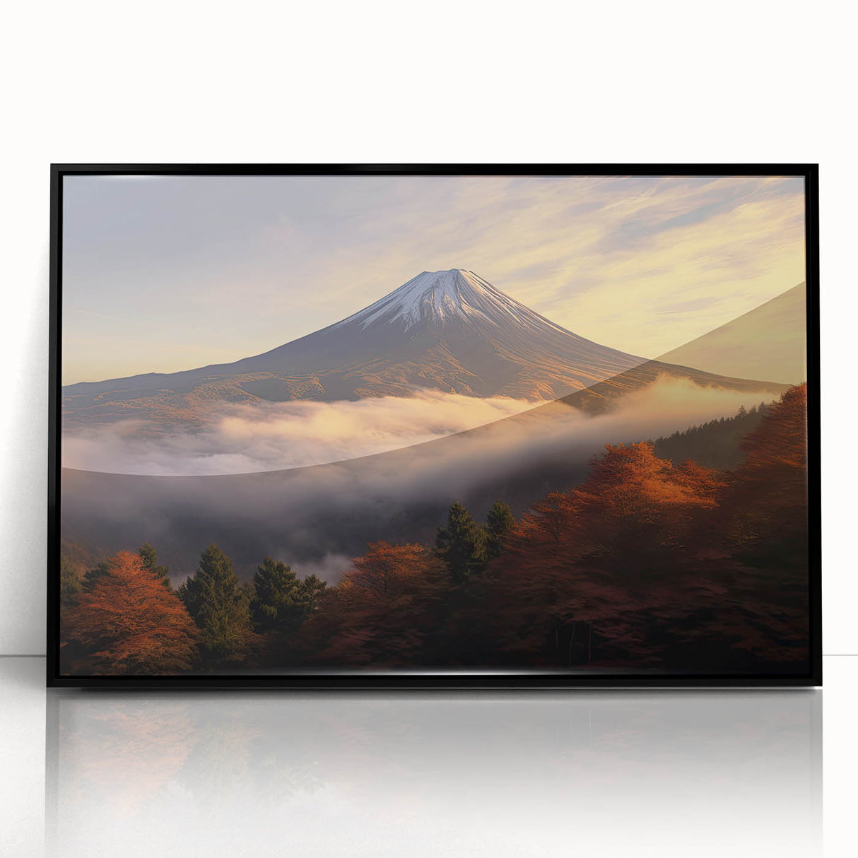 Framed acrylic wall art showcasing a vibrant volcanic landscape in rich colors, with a sleek black frame, perfect for modern home decor and art enthusiasts.
