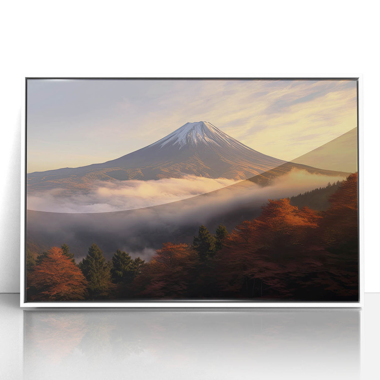 Framed acrylic wall art showcasing a vibrant volcano landscape design with striking colors, elegantly presented in a white frame, ideal for modern home decor.