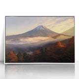 Framed acrylic wall art showcasing a vibrant volcano landscape design with striking colors, elegantly presented in a white frame, ideal for modern home decor.