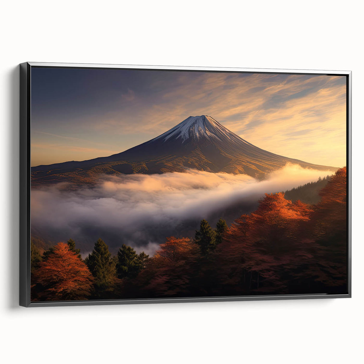 Framed canvas wall art depicting a vibrant volcano landscape design, featuring bold colors and intricate details, showcased from a black side view. Perfect for modern home decor.