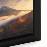 Close-up of a vibrant framed canvas wall art featuring a striking volcano landscape design, showcasing bold colors and intricate details, ideal for home decor.